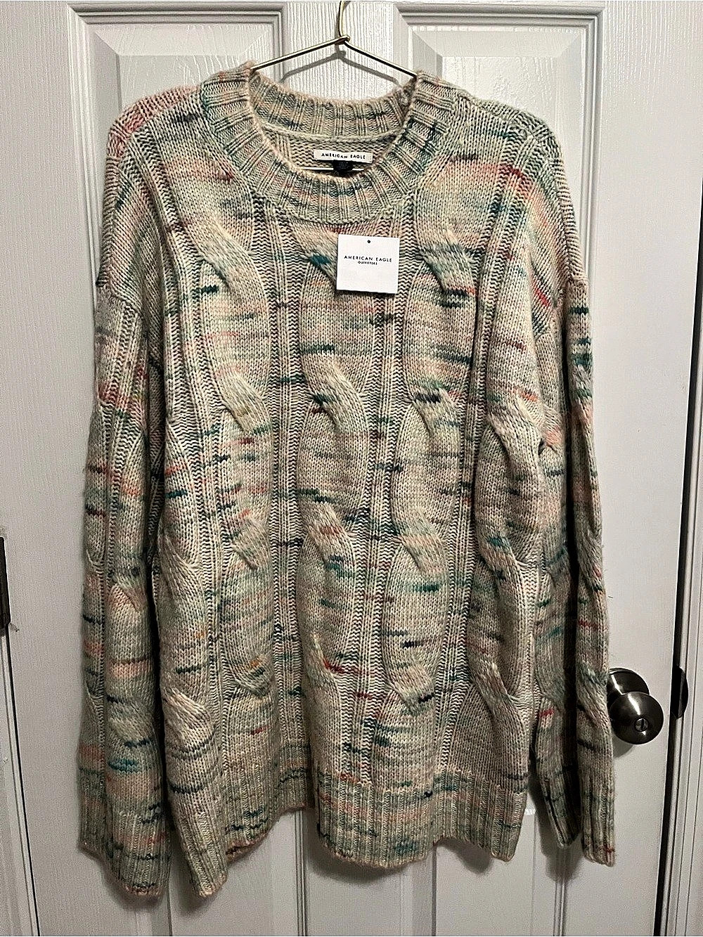 NWT American Eagle Oversized Colorful Cable Knit Crewneck Sweater Size Small
